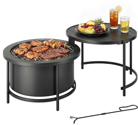 Outsunny Brasero 2 en 1, 66 x 63 x 41 cm, redondo, con parrilla, atizador, tapa, soporte, brasero como mesa auxiliar, cesta de fuego para jardín, balcón, terraza, exterior, barbacoa, camping, color