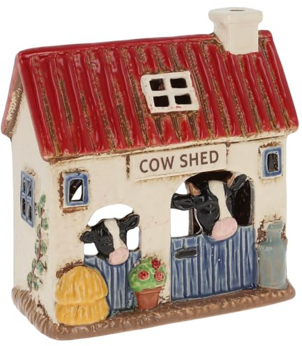 Shudehill Giftware Village Pottery Farm & Countryside Collection Ceramic Tealight Holder, Assorted Designs, Hand Finished (Cowshed Tealight)