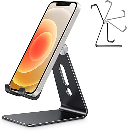 OMOTON Aluminium Handy Ständer, Multi-Winkel Verstellbarer Handy Halter Büro, Handyhalterung für Schreibtisch, kompatibel mit iPhone 17/16/15/14 Pro Max Air, Schwarz