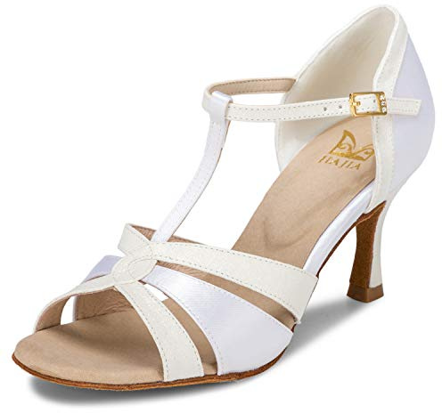 JIAJIA 20519 Women's Satin Sandals Flared Heel Latin Salsa Performance Dance Shoes Colour White,Size 1 UK/34 EU