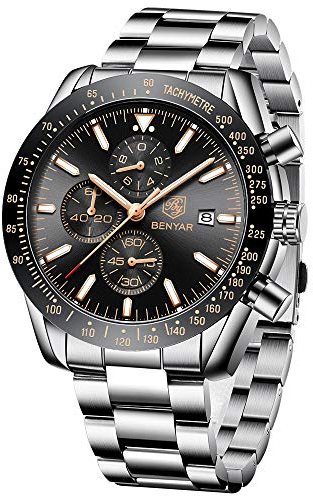 BY BENYAR Uhren Herren Chronograph Analog Quarz Armbanduhr Herren Wasserdicht Leuchtende Datum Edelstahl Armband Herrenuhr Mode Lässig Sport Business-Kleid Uhren fur Männer Elegantes Geschenk