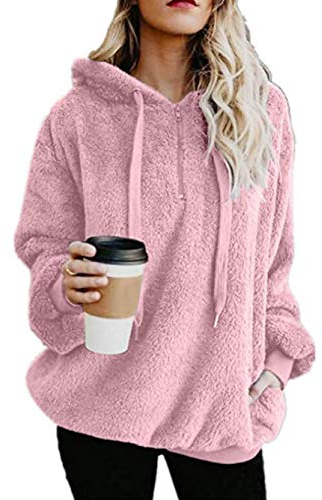 iChunhua Ladies Comfy Fluffy Hoodie Fleece Baggy Long Sleeve V Neck Pullover Sweatshirt with Zip Pink XX-Large