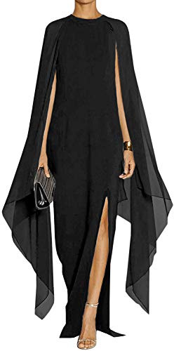 MAYFASEY Women's Flare Chiffon Sleeve High Split Formal Evening Gown Maxi Dress with Cape Black M