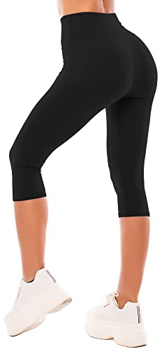 SINOPHANT High Waisted Capri 3/4 Length Leggings for Women, Buttery Soft Elastic Opaque Tummy Control Leggings, Cropped Trousers for Workout Gym Yoga(Black, L-XL)