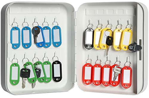 Jssmst Key Lock Box Wall Mount Security Key Storage Box, Locking Key Cabinet Wall Mount with 20 Key Hooks & Tags Key Labels, 7.87 x 6.3 x 2.95 inches, White Matt