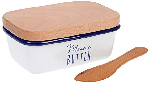 GRÄWE Butterdose emailliert, mit Holzdeckel