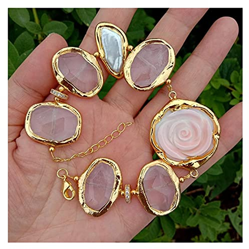 WKXCTS Bracelets Bracelet Natural Pink Conch Flower Rose Quartz Faceted Chunk White Biwa Pearl With Gold Plated Edge Bracelet jewellery