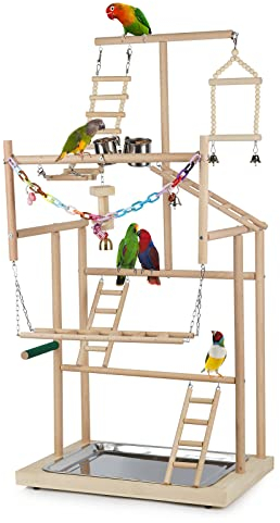 Ibnotuiy Haustier-Papageien-Spielplatz, Papageien, Vogelspielplatz, Vogel-Spielständer, Holzsitzstange, Fitnessstudio, Laufgitter, Leiter mit Futternapf, für Nymphensittiche, Sittiche (4 Schichten)