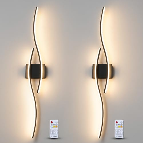 DeliKreem Modern uppsättning av 2 vägglampor med fjärrkontroll, dimbara LED-vägglampor, set om 2, svart vägglampa med timer, LED-vägglampa för sovrum, vardagsrum, badrum, hall, 103 cm längd