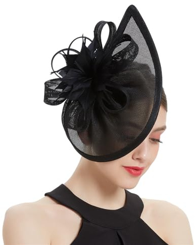 Brawlady Sinamay Fascinator Hat with Top Flower, Women Feather Pillbox Headwear, Tear Drop Shape Church Wedding Derby Cocktail Tea Party Headpiece Black