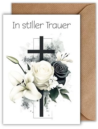 Mourning Card with Envelope - Commemoration Card In Stiller Trauer Black Cross and Bouquet of Black Rose and White Rose and Lily Watercolour Sympathy Card Funeral Service (DIN A6)