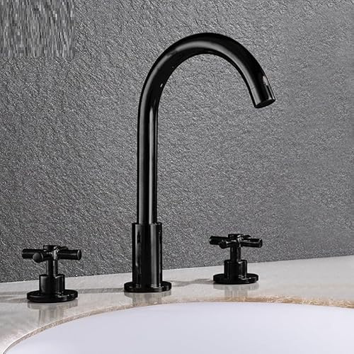 SJFJJKD Bathroom Split Three-Hole Basin Washbasin Double-Handle Hot and Cold Water Black, One-Word Handwheel Gold Seven-Character Model Friendship Years