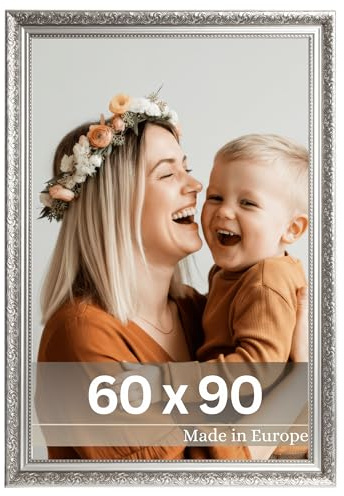 VictoR Cornice portafoto barocca Rembrandt nero argento 60 x 90 cm (A1) – listello: 58 x 41 mm – stile antico vintage – con vetro acrilico infrangibile – retro in MDF – formato verticale e orizzontale