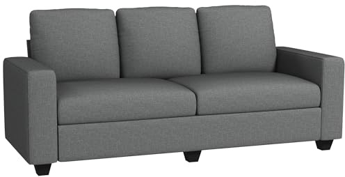 HOMCOM Divano 3 Posti in Tessuto con Cuscini Imbottiti e Braccioli, Divano Moderno con Rivestimento Effetto Lino per Soggiorno e Ufficio, 237x94x102cm, Grigio
