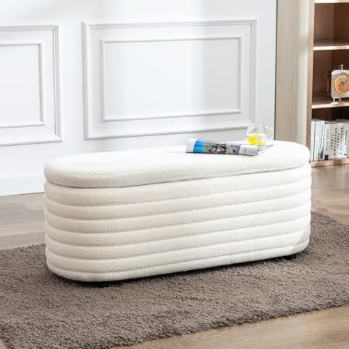 Ya-Home Faux Fur Storage Bench Modern Bedroom Bench Upholstered Window Seat, Storage Bench for for Entryway/End of Bed, 120L, White