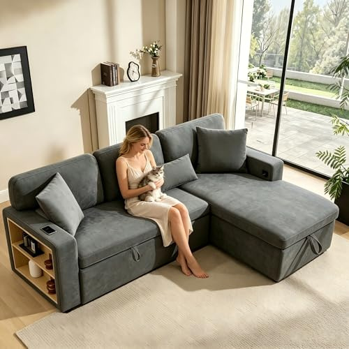 Wyibwy, Sofá esquinero de 3 plazas, sofá cama en forma de L, con contenedor, puerto USB integrado y estante, tejido de franela, 215 x 133 x 85 cm, para salón/apartamento, gris