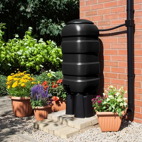 100L Space Saver Black Water Butt Set - Complete With Stand, Tap & Diverter Kit - Rain Saver Garden Water Container For Gardens & Patios - 90cm x 40cm x 40cm Water Butt.