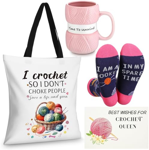 Geiserailie 4 Pcs Crochet Gifts for Women Crocheters Crochet Tote Bag Knitting Lovers Yarn Coffee Mug Novelty Socks Greeting Card for Women Mum Knitting Lovers Birthday Thank You Gifts Favor