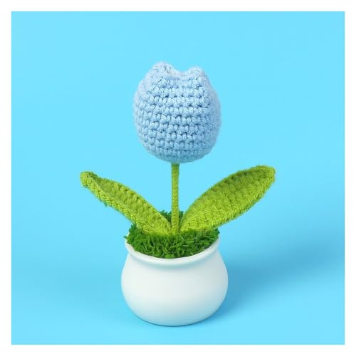 Generico Fiori Di Tulipano In Vaso Fatti A Mano All'uncinetto, Fiori Artificiali, Decorazioni Da Scrivania Artificiali In Maglia Di Cotone For Casa, Ufficio, Regali Di Nozze, Steli Pieghevoli(Blue)