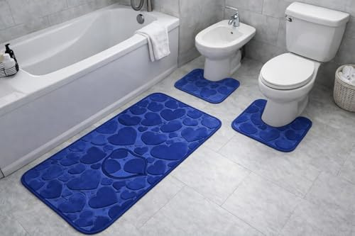 GX GARGIX Set Completo Tappetini da Bagno, 3 Pezzi, Antiscivolo e Assorbente per Bagno, WC, Bidet e Doccia Vari Colori (PCS-5, Set 3 Pezzi, Cuori)