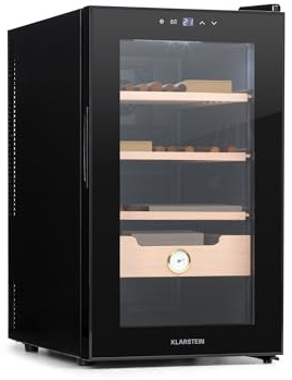 KLARSTEIN El Presidente Cigar Humidor – thermoelectric humidor cabinet with glass door, humidor humidifier with cedar wood inserts, hygrometer, LED interior lighting, 23 litres, black