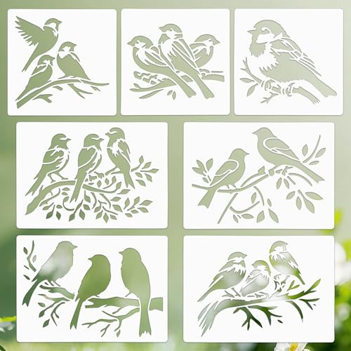 KEJOL, Lot de 7 pochoirs à motifs d'oiseaux réutilisables, feuilles florales nature, pour carnet, bois, toile, bricolage, décoration murale, petit format