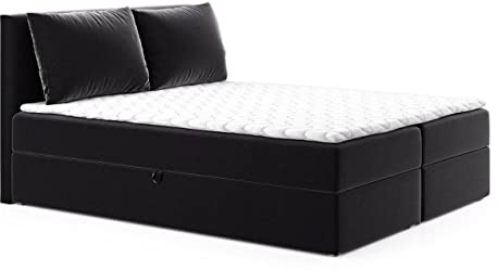 Boxspringbett Egro mit 2 Bettkästen und Zwei große Kissen - Doppelbett mit Bonell-Matratze und Topper, Polsterbett, Bett, Bettgestell Schlafzimmer (Schwarz (Kronos 07), 140 x 200 cm)