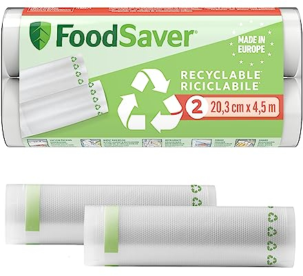 FoodSaver Vakuumierrollen | recycel- und wiederverwendbare Lebensmittelbeutel | halten Lebensmittel bis zu 5x länger frisch | BPA-frei | 2 Vakuumrollen, für Gefrierschrank und zum Garen (20cm x 4,5m)