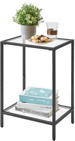 YMYNY Side Table, 2 Tier Sofa End Table, Bedside Tables with Tempered Glass, Coffee Table, Laptop Table for Living Room, Bedroom, Home Office, Industrial Style 38×28×56CM Black HGD002B