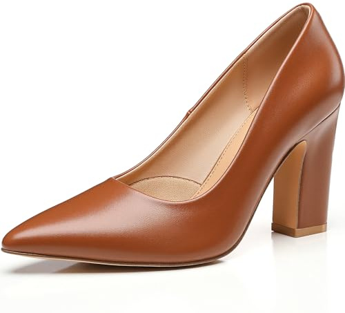 Trary Brown Heels Women's Closed Pointed Toe Chunky Pumps Block High Heels Comfortable Slip-On Office Party Wedding Dress Shoes 3.54 Heels Size 7.5