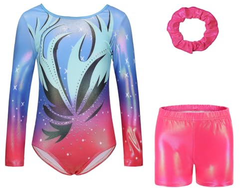Kiscorpse Body da ginnastica per ragazze, a maniche lunghe/senza maniche, con brillantini, per danza classica, atletica, costume da ballo per ragazze, colore rosa, viola e blu, per 5-12 anni,