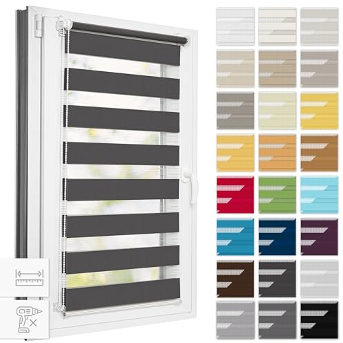 Estika Doppelrollo Klemmfix ohne Bohren, Breite alle 1 cm - 90 cm x 220 cm - Anthrazit - Tag und Nacht Duo Rollo, Rollos für Fenster ohne Bohren, Fenster Sichtschutz