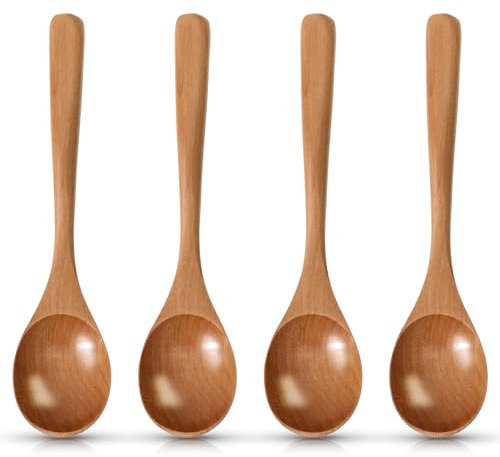 Cobee Holzlöffel Esslöffel, 4 Stück Holzsuppenlöffel 18.5cm Langen Griff Dessertlöffel Suppenlöffel Honiglöffel Holz Löffel Kaffee Tee Honig Naturholzlöffel Küchenzubehör(stil 2)