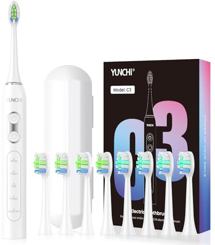 YUNCHI C3 Electric Toothbrushes for Adults,8 Brush Heads and Travel Case,Sonic Toothbrush with 5 Modes and 2 Mins Smart Timer, White