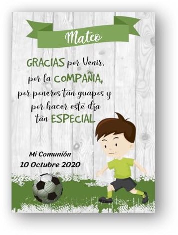 Genérico Tarjetas de Agradecimiento para Comunión Niño Fútbol, detalle para invitados. Tarjetas de agradecimiento para invitados, tarjeta de agradecimiento niño de comunion.