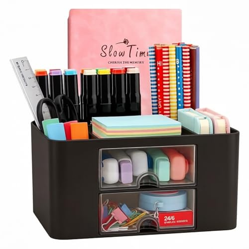 Wlevzzor Organizer da scrivania creativo e semplice con 7 griglie, organizer da tavolo in plastica con cassetto - Portapenne multifunzionale per scuola, ufficio e casa (Nero)