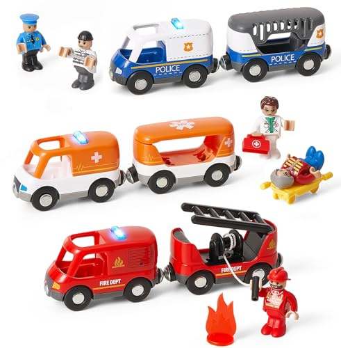 Giant bean 6 Pcs Rescue Train Car Set for Wooden Tracks, Includes Sound & Light, 3 in1 Police, Fire & Ambulance Emergency Vehicles with Action Figures Accessories, Christmas and Birthday Gifts for Kid