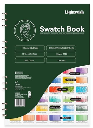 Lightwish Blocco da disegno ad acquerello, 12 fogli rimovibili, 100% cotone, 72 spazi, 39 cm x 27 cm, Watercolor Swatch Book, 300 gsm/140 lb Hot Press per gesso ad olio, acquerello, gouache, matite