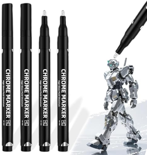 DULZEN 4 Stück Silber Flüssigkeit Spiegel Chrom Marker Lackstift Silbe Reflektierende Flüssigkeit Chrom Paint Stifte Set Hochglanz Kunst Auto DIY Modell Reparatur Marker Set für Auto, Modellmetall