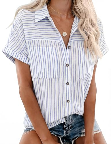 Rapbin Womens Cotton Short Sleeve Collared Button-Up Blouses with Pockets