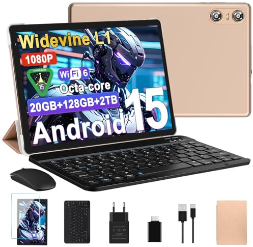 Tablet Android 15 Tablet 10 Pulgadas, 20GB RAM + 128GB ROM (TF 2TB), Octa-Core, Widevine L1, GMS, 5G+2.4G WiFi 6, 5 + 8 MP, 1280 * 800 Pixels, 6000mAh, Bluetooth 5.0, Tableta con Teclado y Raton Oro