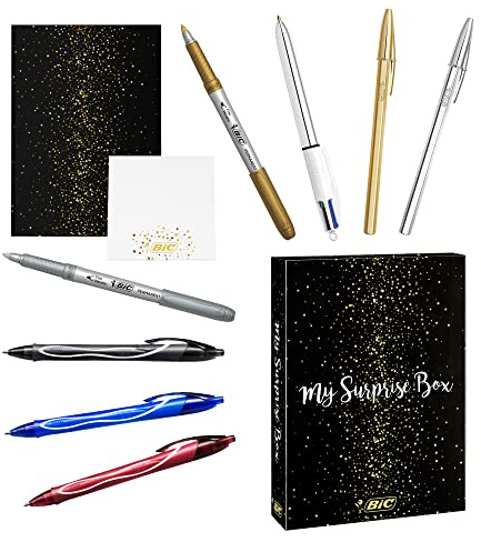 BIC My Surprise Box - Estuche de Regalo con 14 Instrumentos de Escritura, 4 bolígrafos /5 rotuladores Metalizados /5 bolígrafos de Gel /1 Bloc de Notas Adhesivas y 1 Libreta A5 (Blanca)