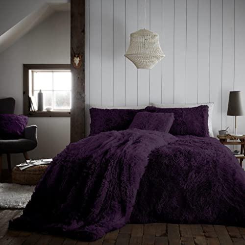 GC GAVENO CAVAILIA Faux Fur Double Bedding Set – Reversible Fluffy Duvet Cover with Matching Pillowcases | Ultra Soft, Warm Cosy Shaggy Fleece Quilt Cover | Easycare Machine Washable Bed Linen, Purple