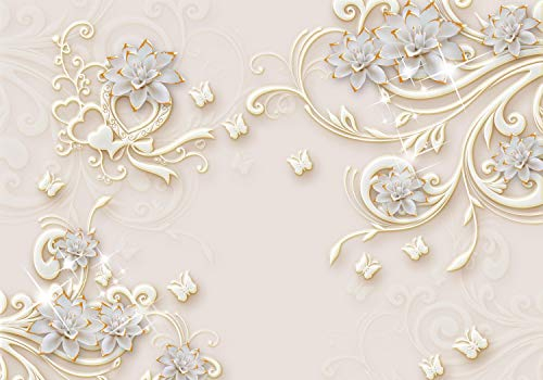 wandmotiv24 Fototapete 3D Effekt Blumen Ornamente Gold, XXL 400 x 280 cm - 8 Teile, Wanddeko, Wandbild, Wandtapete, Abstrakt Blüten M6098