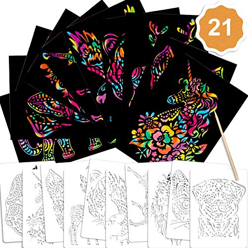 Qpout 21Stk. Kratzbilder Set für Kinder, 10 Kratzpapier 10 Tiere Zeichenschablonen 1Holzstift für Jungen Mädchen DIY Handwerk Malerei Projekt Geschenk Erwachsene Malen Zubehör Mitgebsel