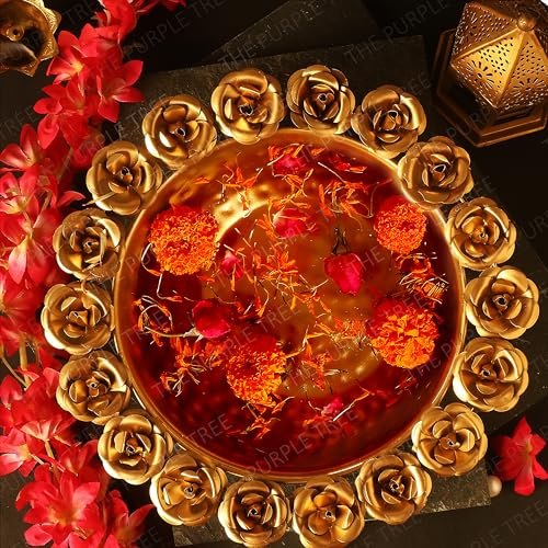 The Purple Tree Beautiful Handcrafted Rose Urli Bowl for Diwali (Pack of 1, 30 Cm) Decorative Bowl for Floating Flowers and Tea Light Candles, Gold