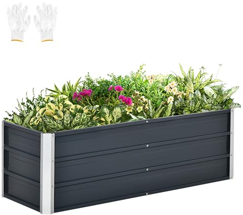 Outsunny Hochbeet aus Stahl Gartenbeet Pflanzkasten Blumenkasten Blumenkübel mit Handschuhe Kohlegrau 125 x 47 x 40 cm
