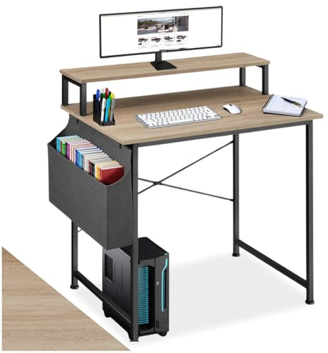 tectake® Computertisch mit Ablage Schreibtisch Zubehör, Bürotisch mit Monitorständer, Gaming Tisch, Laptoptisch für Home Office, 85,5 x 46,5 x 140 cm - Industrial Holz hell, Eiche Sonoma, 80 cm