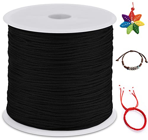 LEREATI Nylon Cord 0.8mm x 100m, Satin Cord Nylon String Macrame Cord, Coloured Beading Thread String for Making Bracelet, Necklace, Chinese Knot, Jewellery (Black)