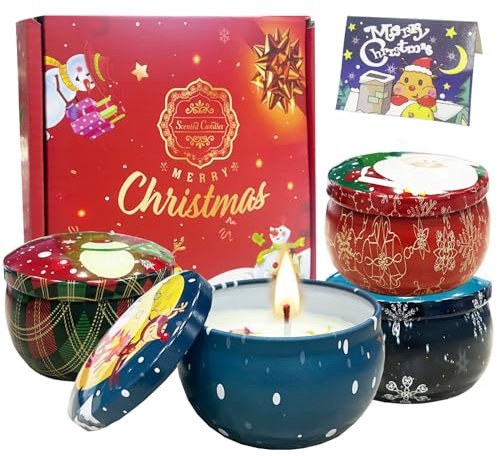 BINXWA Duftkerzen-Set Weihnachten, 4 Stück, Sandelholz, Bluebell, Meersalz, weißer Moschus, Entspannungskerzen mit Grußkarte